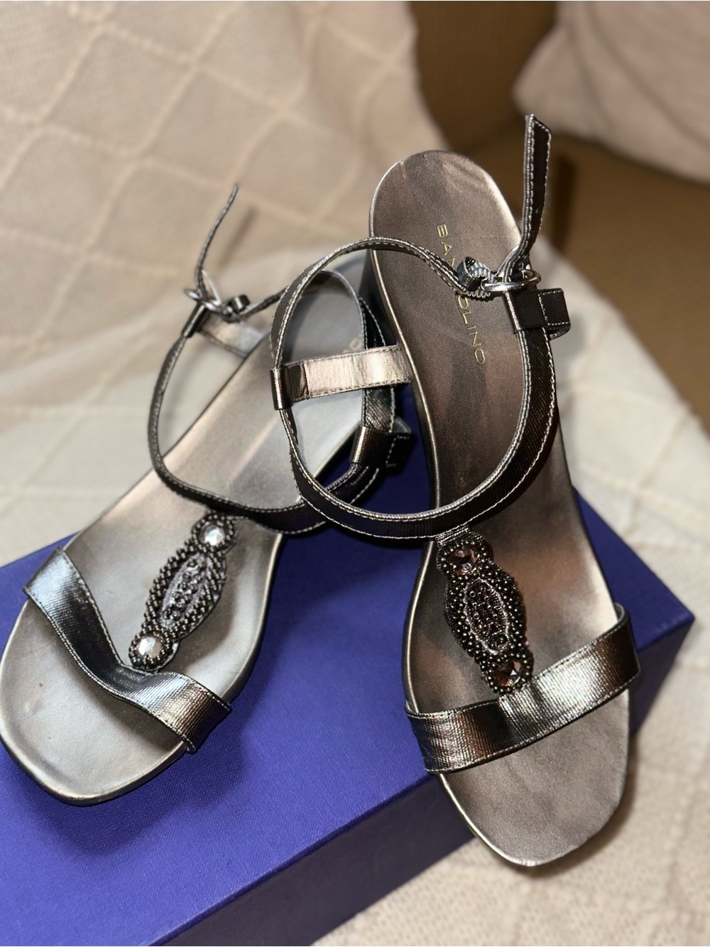 Bandolino Metallic Silver Beaded T-Strap Sandals - Women's